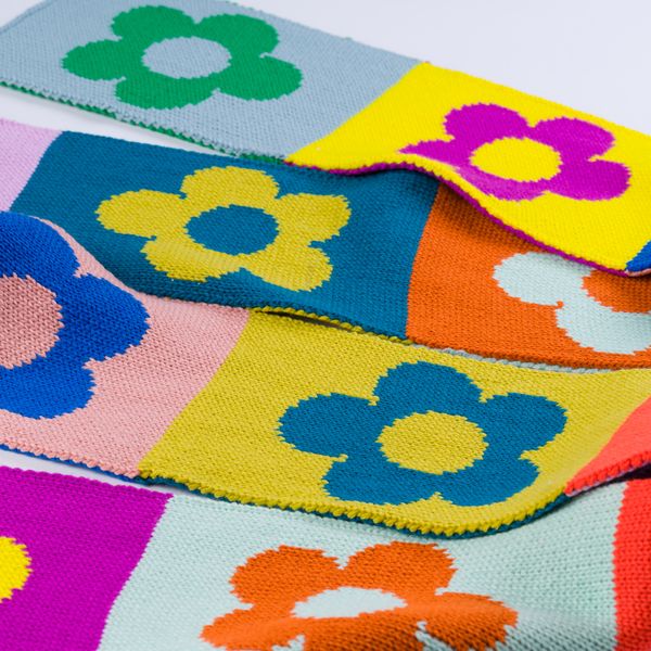 Flower Block Long Skinny Knit Scarf