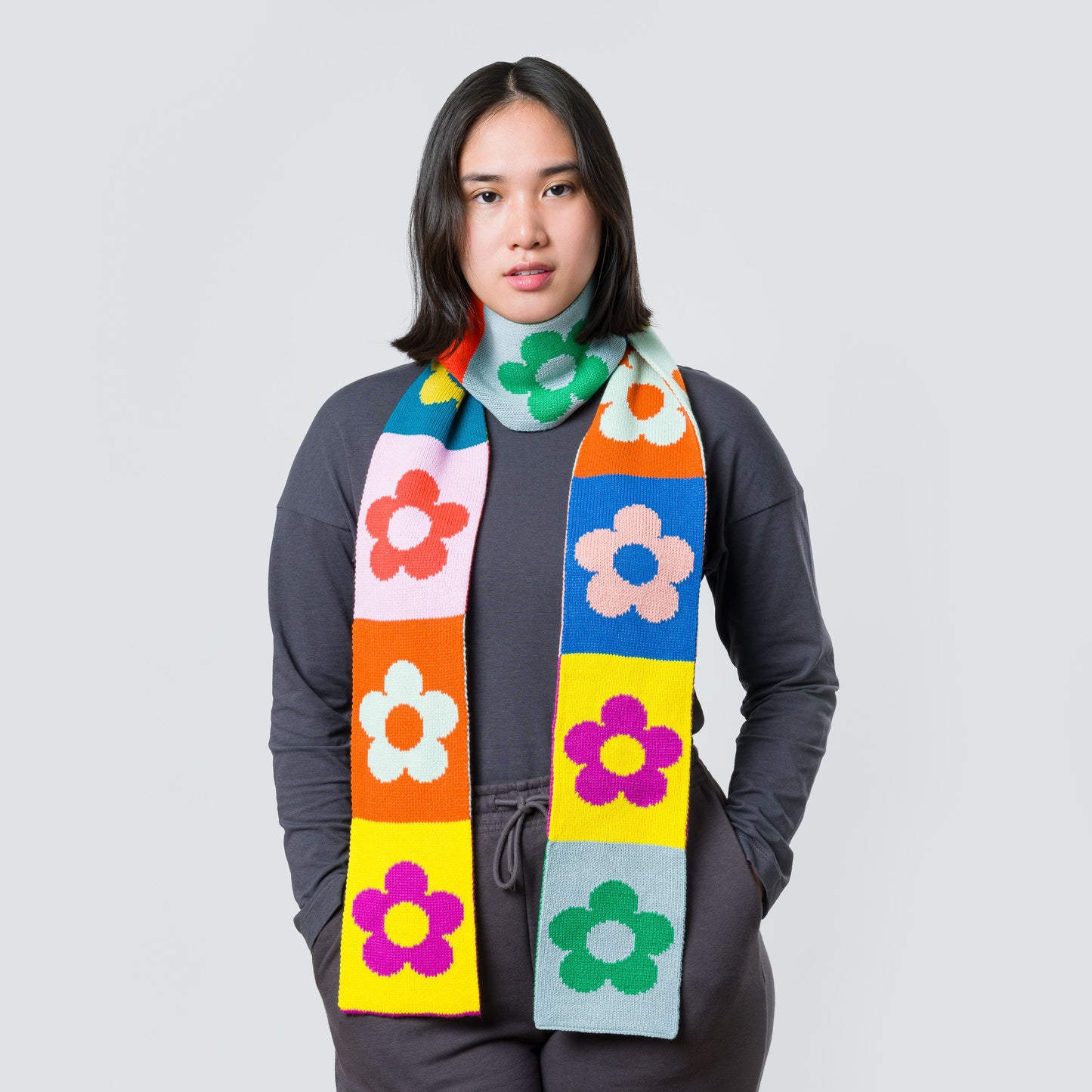 Flower Block Long Skinny Knit Scarf