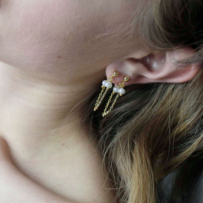 Joy Waterproof Post Chain Pearl Earring 18K Gold Plating